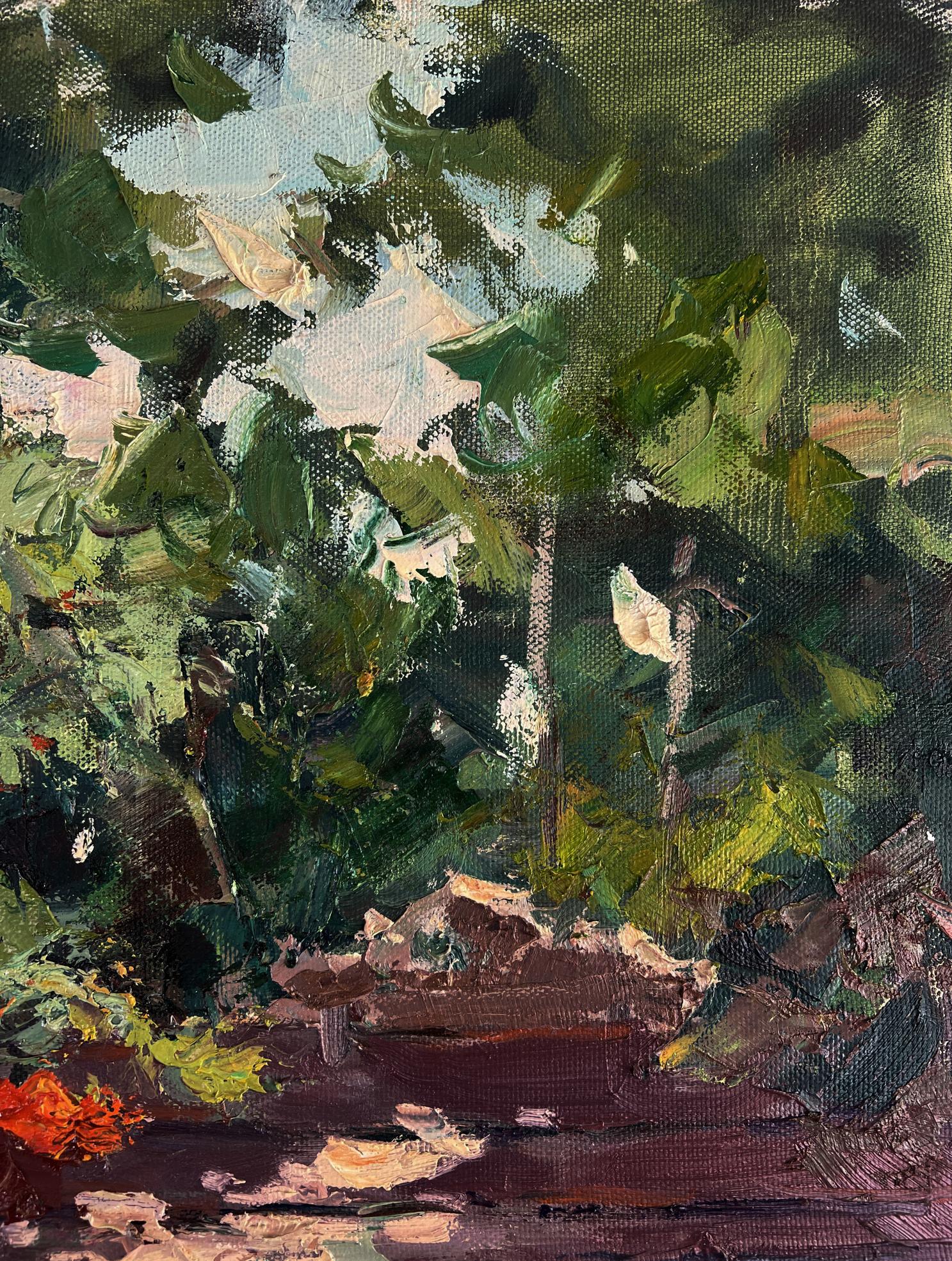 Oil painting of lush green forest by Alexander Cherednichenko