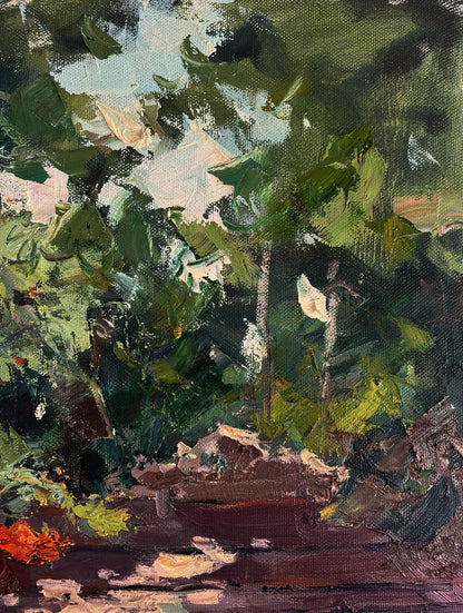 Oil painting of lush green forest by Alexander Cherednichenko