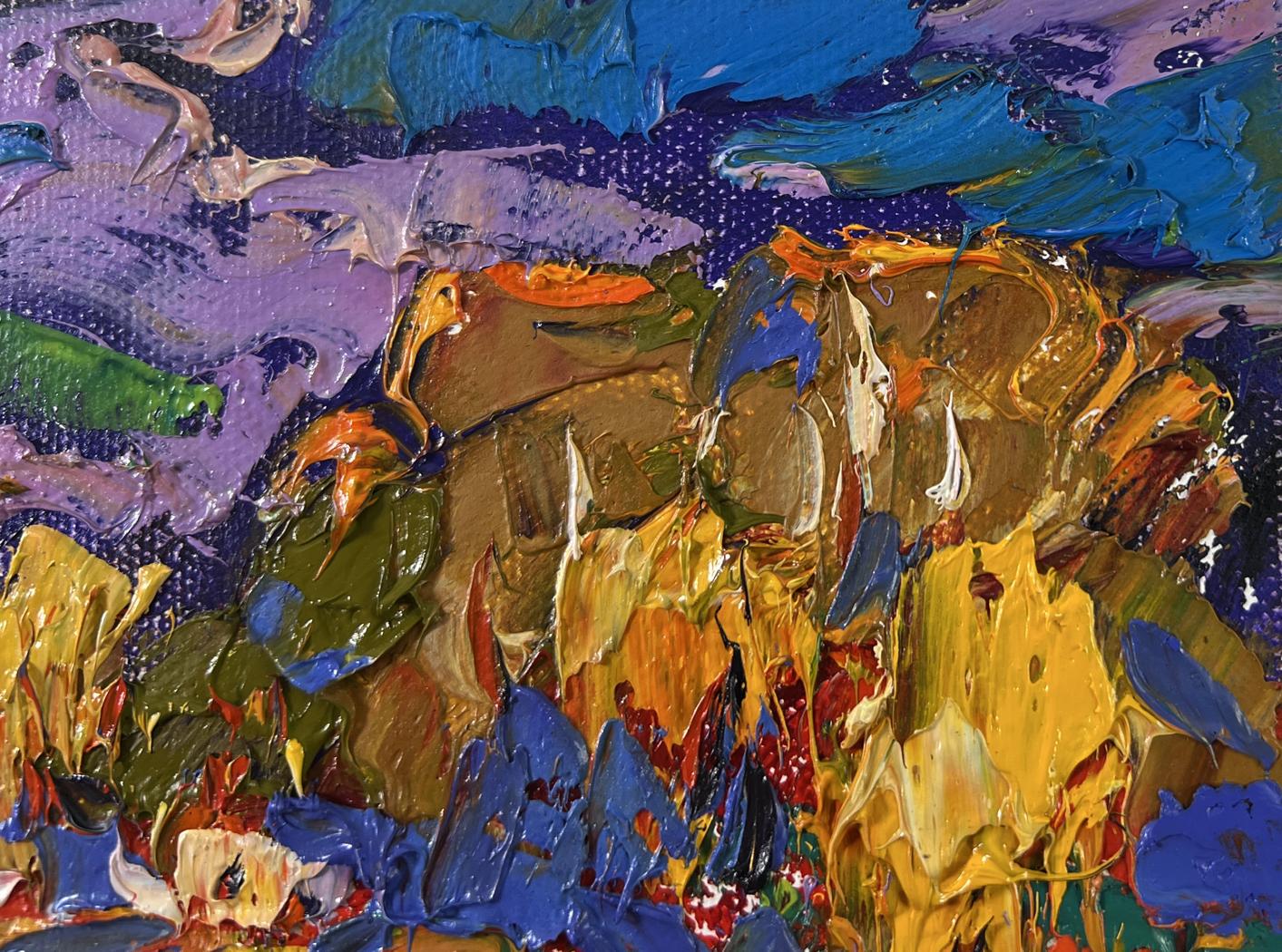Oil painting Under yellow leaves by Oleksiy Ivanyuk, vibrant purple blue gold green abstract