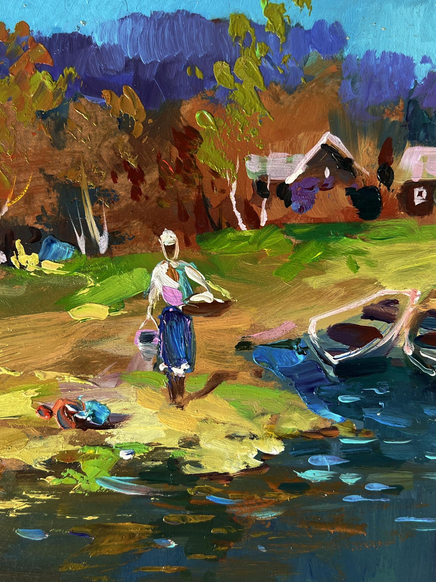 Vibrant impressionist oil painting by Yuriy Suprunchuk of woman by river with geese and boats