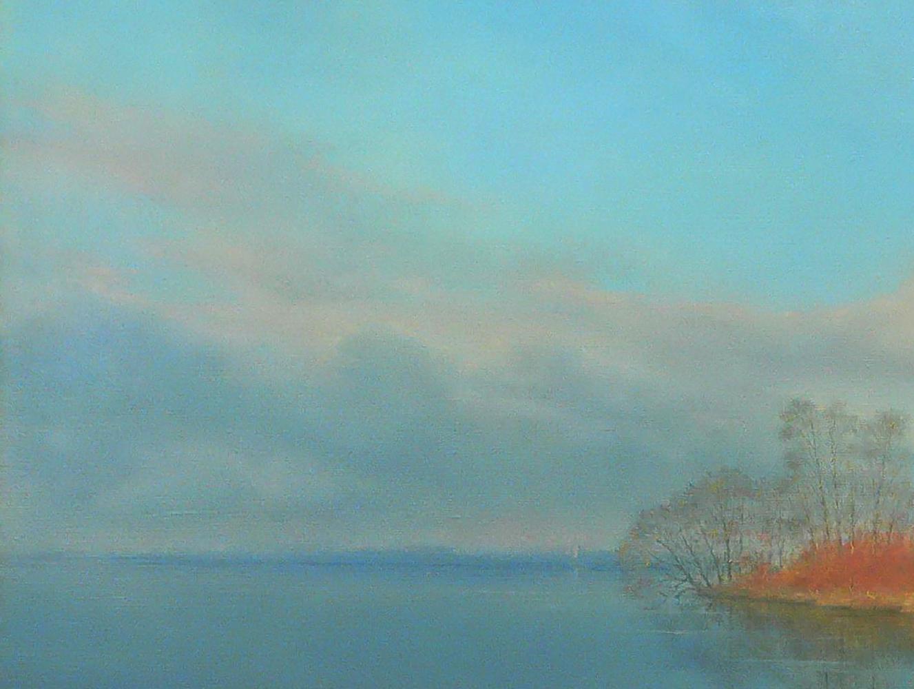 Oil painting of Church of St. Nicholas by Vasily Korkishko, impressionist lake landscape