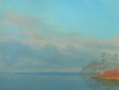 Oil painting of Church of St. Nicholas by Vasily Korkishko, impressionist lake landscape