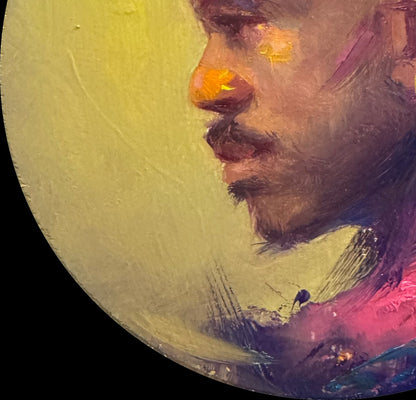Textured impressionistic profile portrait by Annam Butt, Life of the Party oil painting