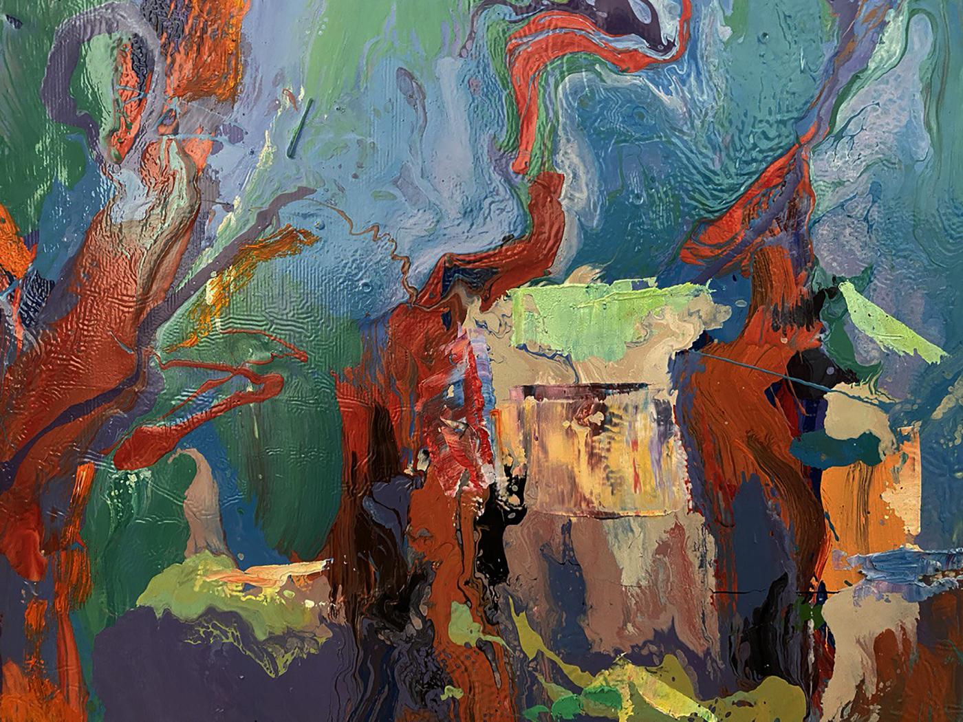 Oil painting Fairground square by Oleksiy Ivanyuk with teal red green swirls