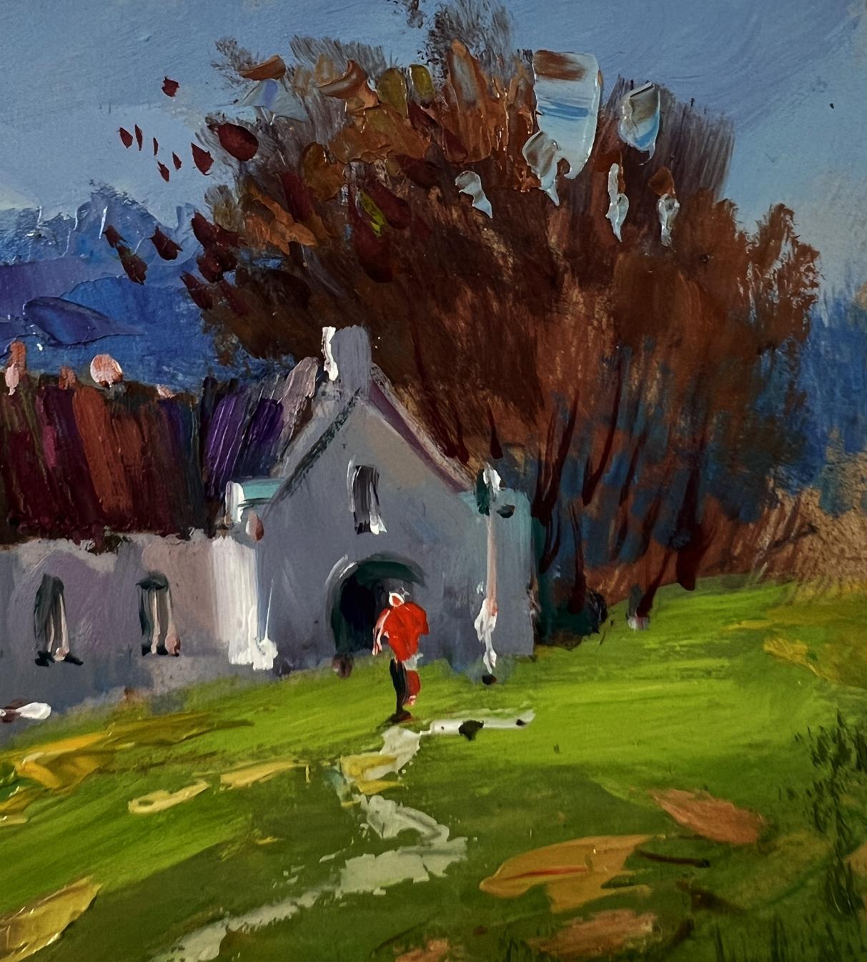 Oil painting of white stone mountain house by Yuriy Suprunchuk in autumn