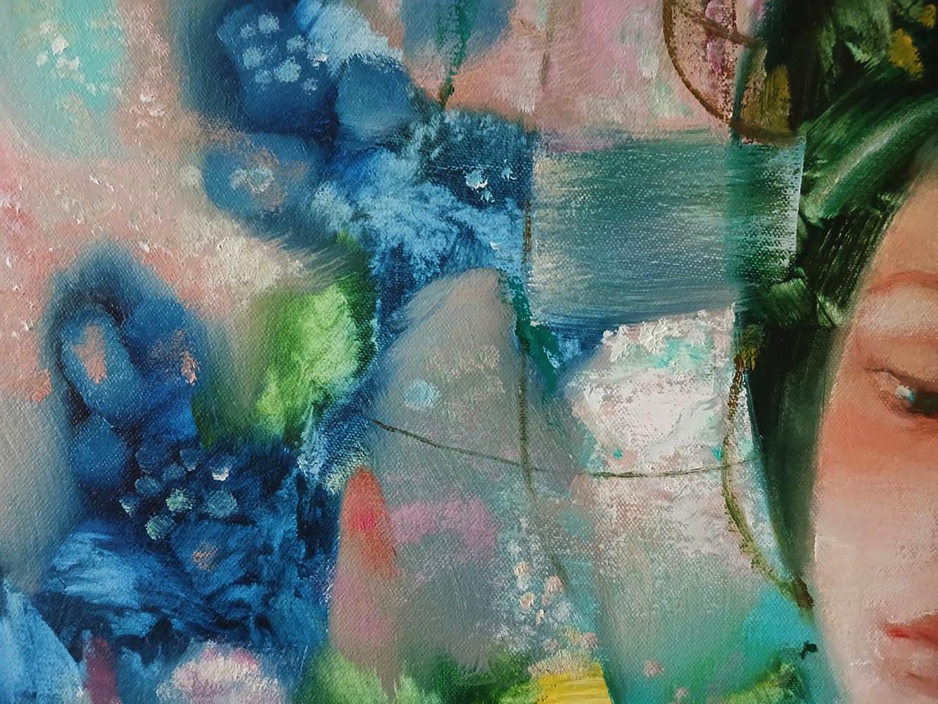Close-up of Anatoly Tarabanov abstract oil painting The girl is dreaming in blues and pinks