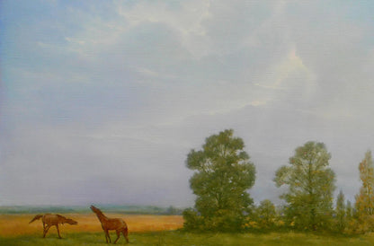 Serene oil painting by Vasily Korkishko: horses grazing in golden field under cloudy sky