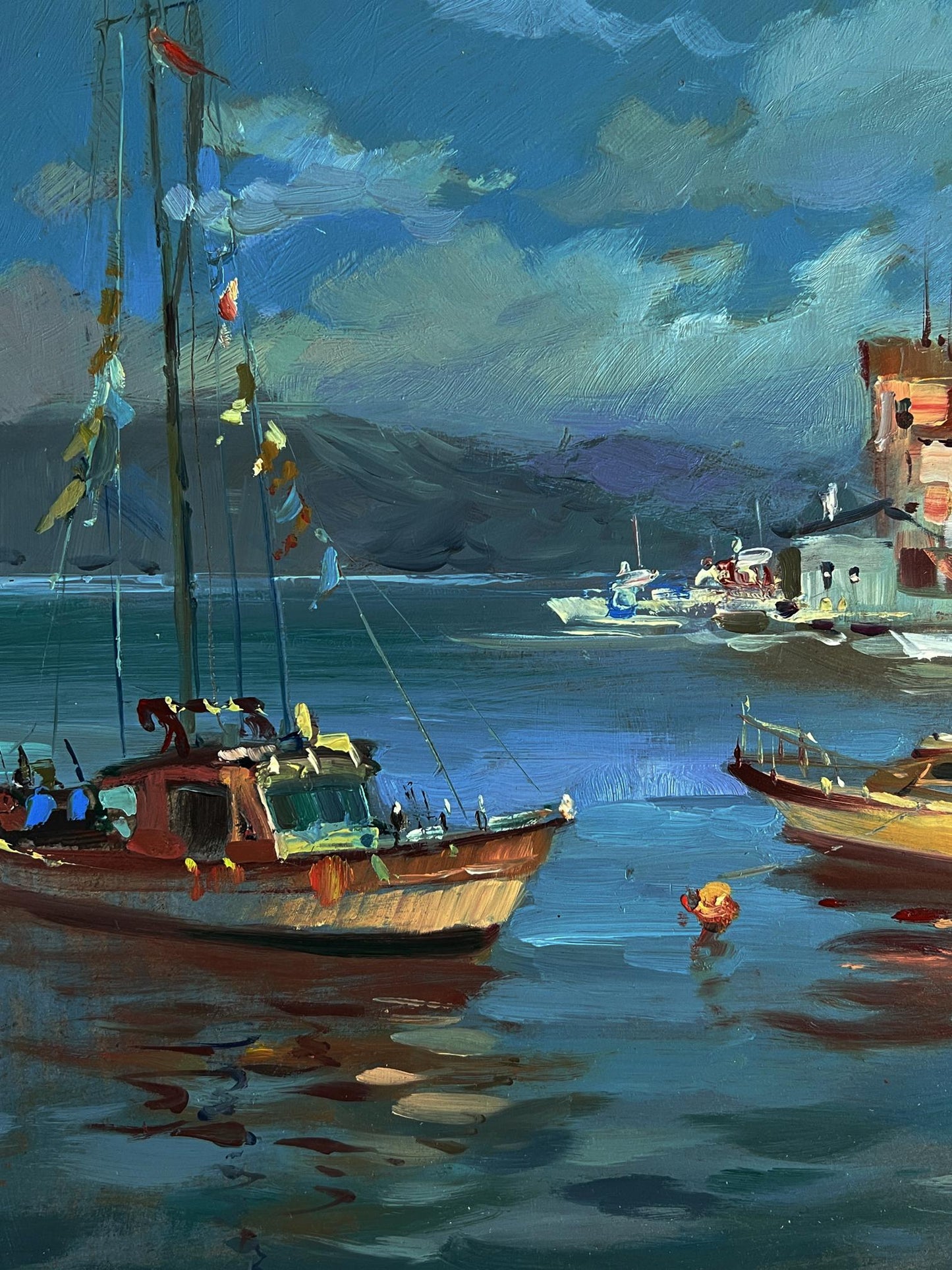 Oil painting of weathered red-hulled fishing boat by Yuriy Suprunchuk