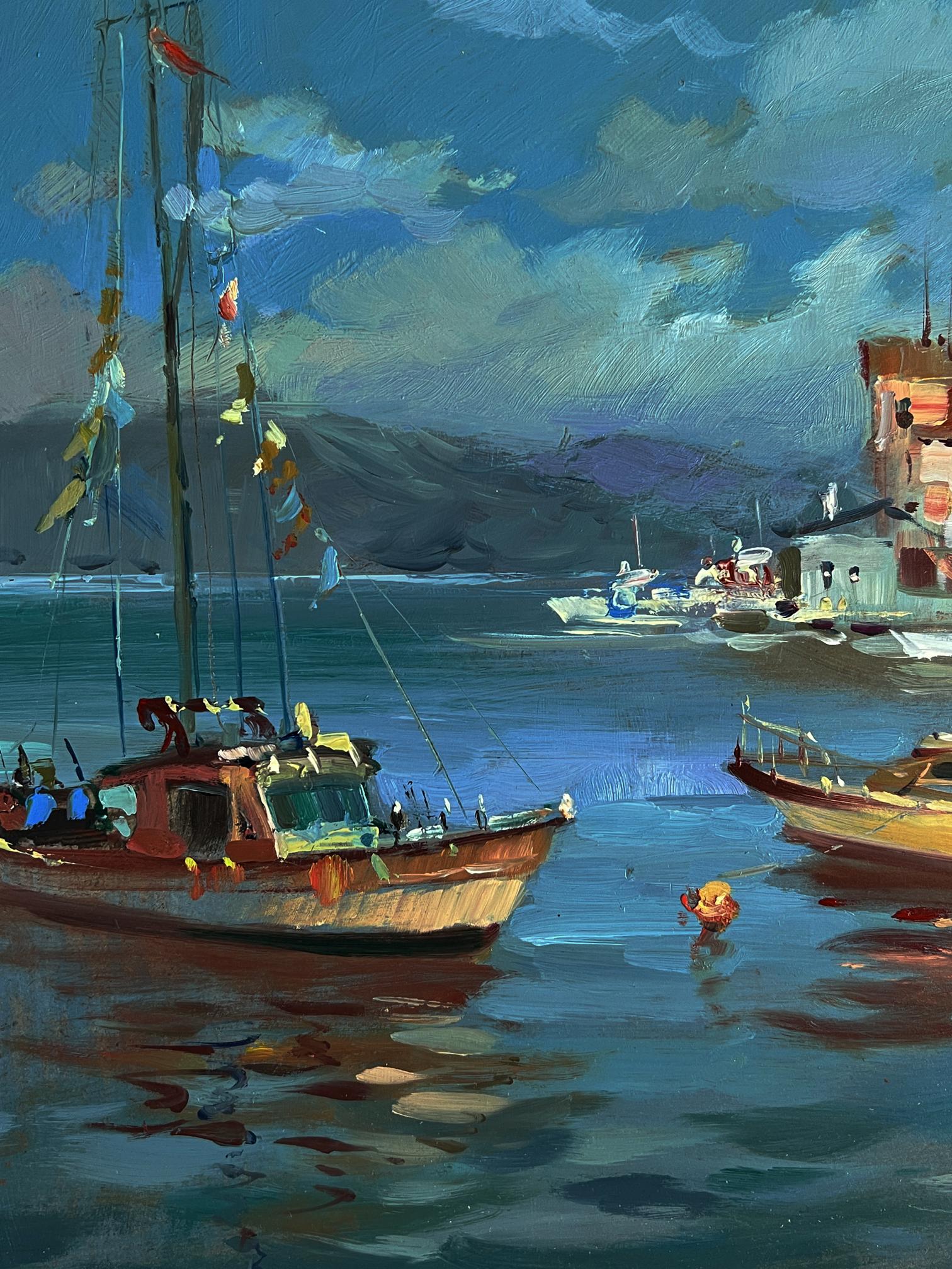 Oil painting of weathered red-hulled fishing boat by Yuriy Suprunchuk