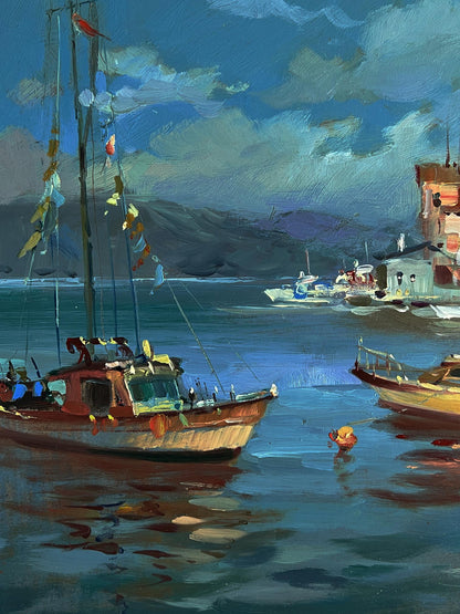 Oil painting of weathered red-hulled fishing boat by Yuriy Suprunchuk