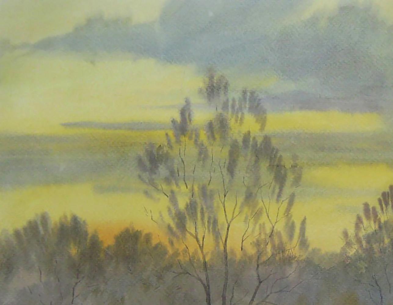 Watercolor painting of snowy field with bare tree by Valery Savenets