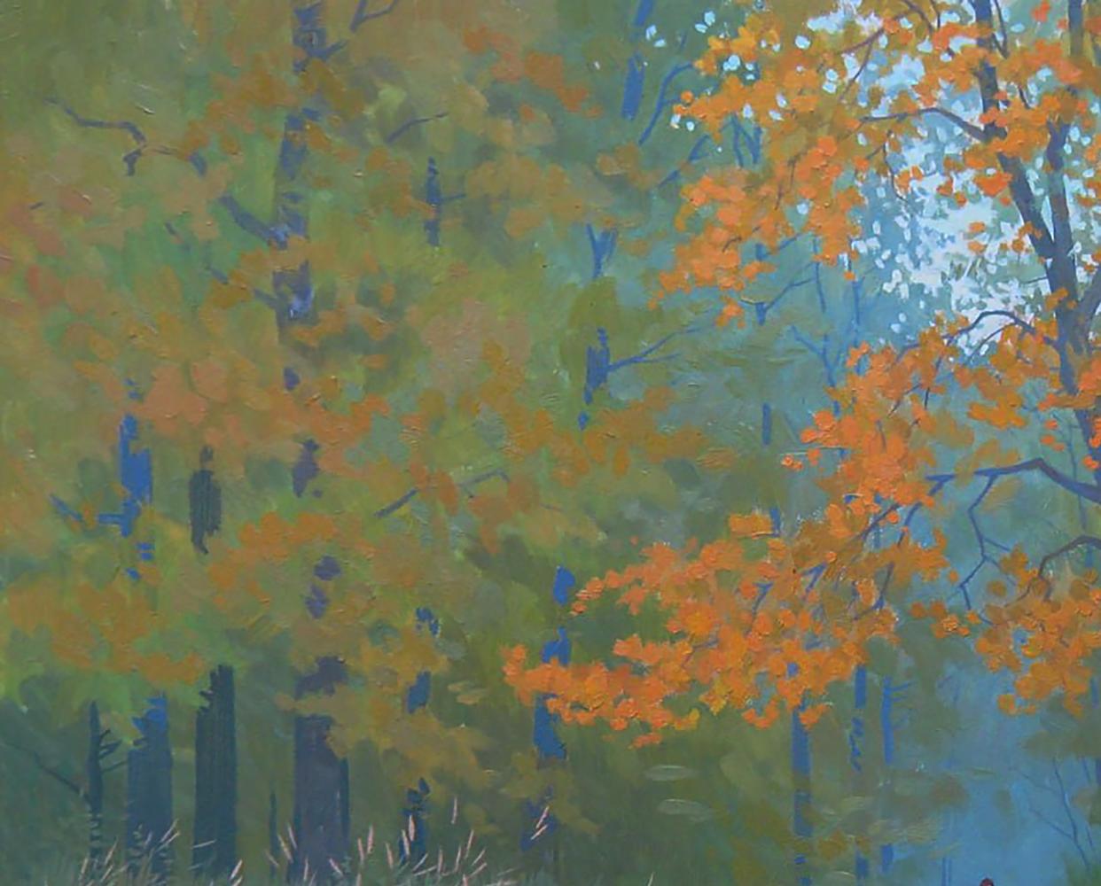 Autumn forest oil painting by Valery Savenets with orange green leaves blue sky