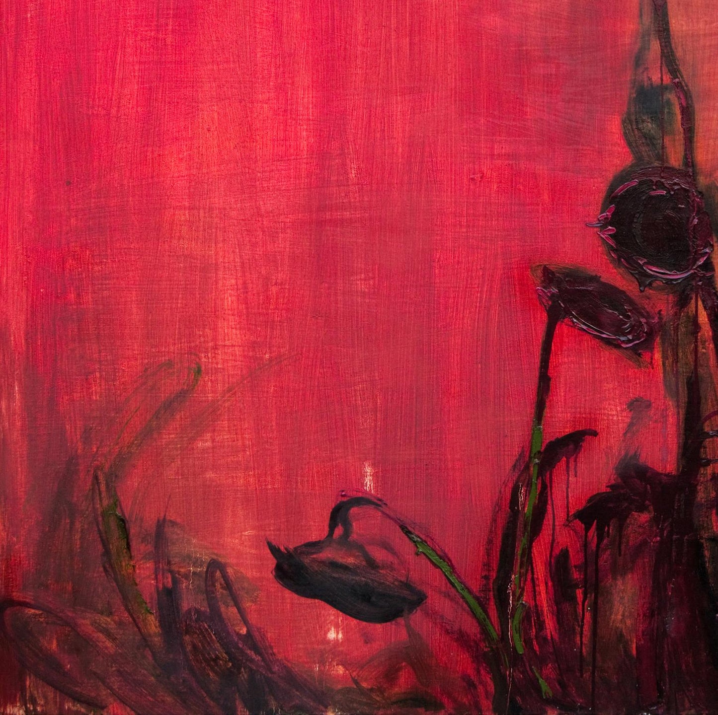 Vibrant red oil painting of sunflowers in fog by Natalia Korf-Ivaniuk