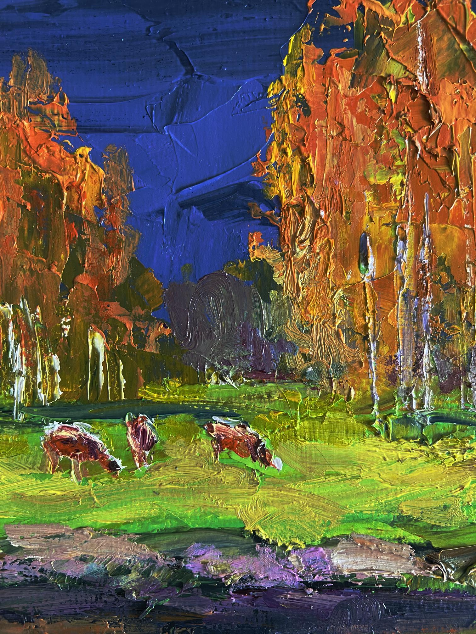 Oil painting Autumn on the shore river by Boris Serdyuk: cows grazing by cliffs