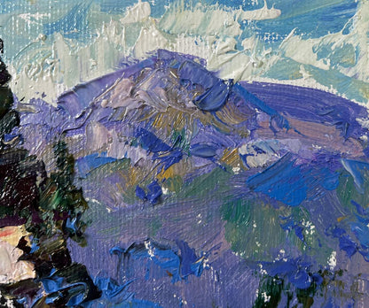 Oil painting Silence in the Mountains by Oleksiy Ivanyuk, textured purple-blue landscape