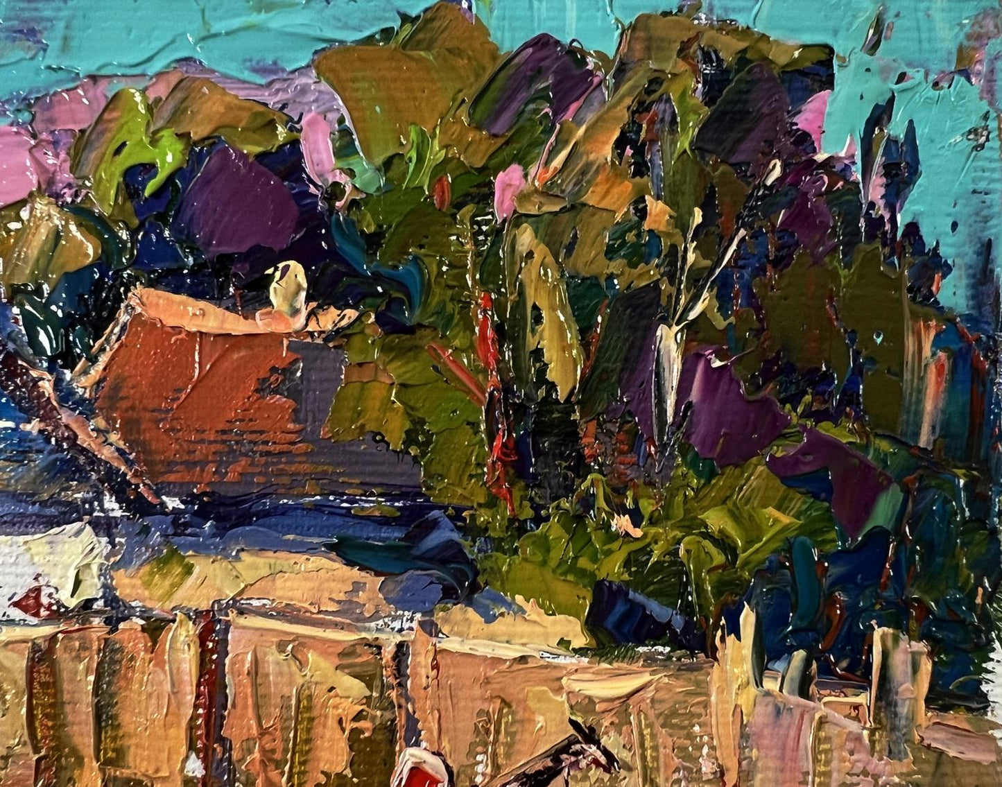 Oil painting Summer village day by Oksana Ivanyuk: red-roofed house in lush foliage