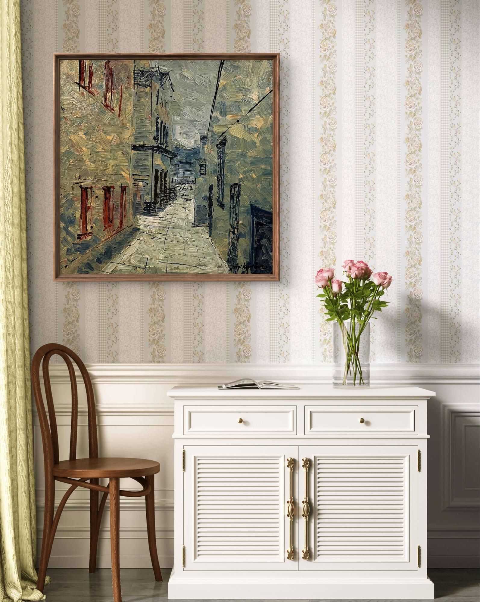 Framed oil painting Visibility by Serhiy Kovalev urban street scene