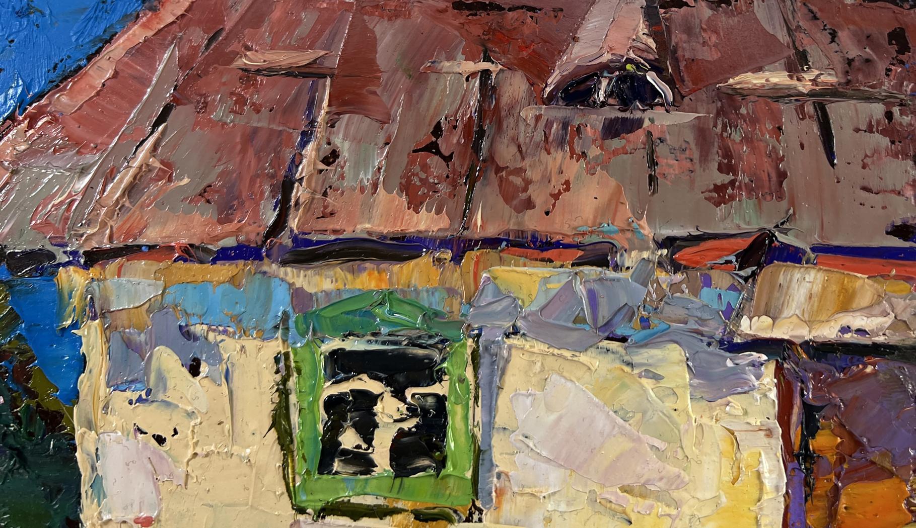 Oil painting Spring is coming to the yard by Oleksiy Ivanyuk, rustic house