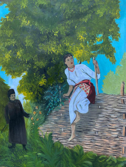 Oil painting of woman in white red attire climbing wicker fence by unknown artist
