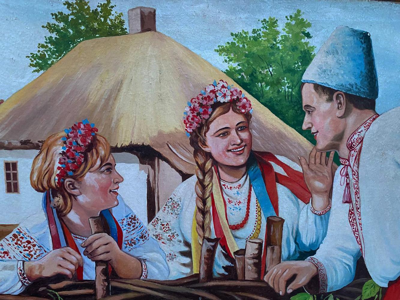 Ukrainian folk oil painting of young people near house in traditional attire