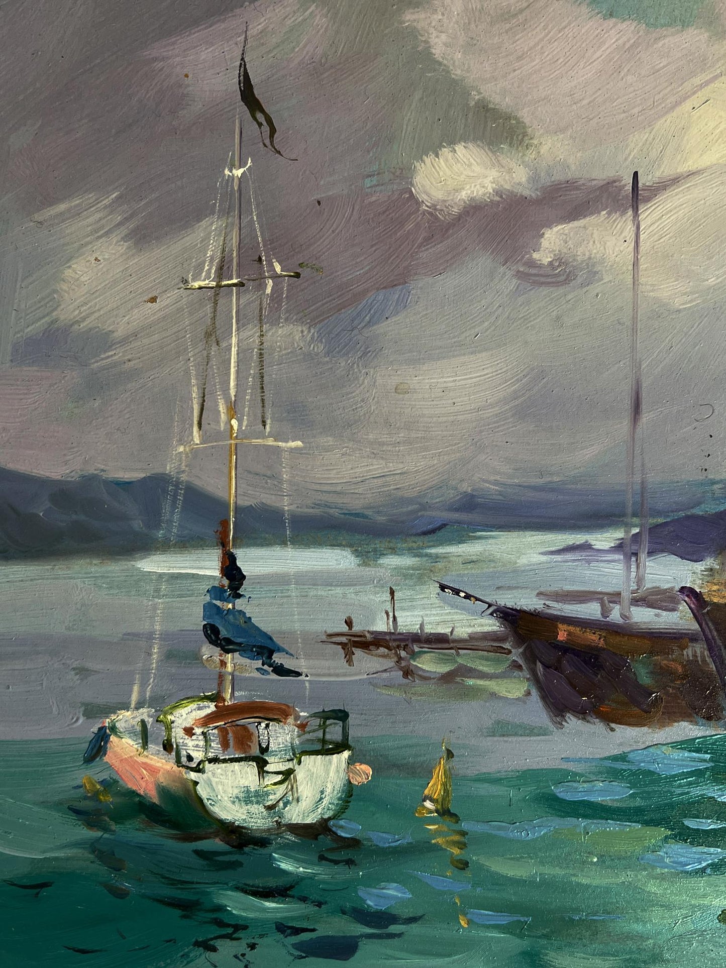 Oil painting of weathered white sailboat at pier by Yuriy Suprunchuk