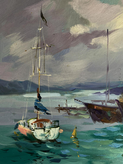 Oil painting of weathered white sailboat at pier by Yuriy Suprunchuk