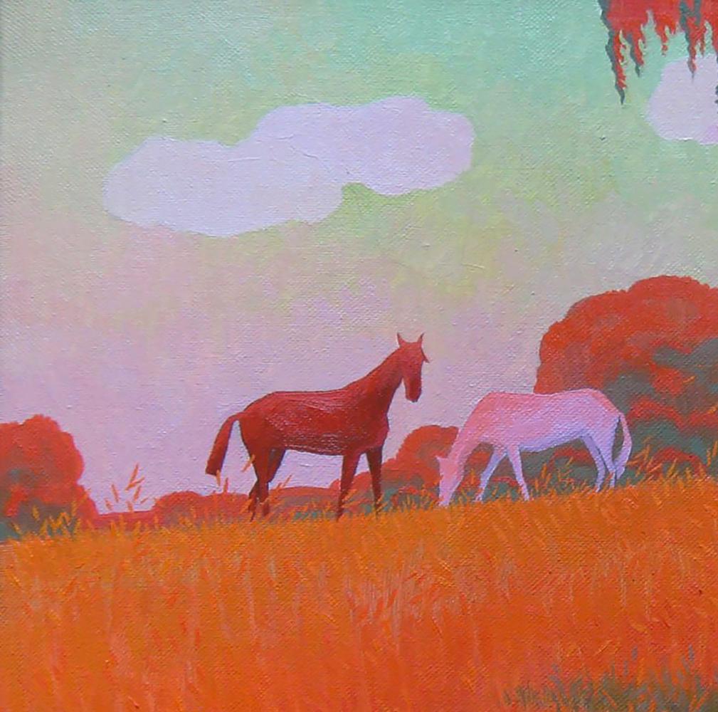 Oil painting Summer evening in the meadows by Valery Savenets: two horses in orange field