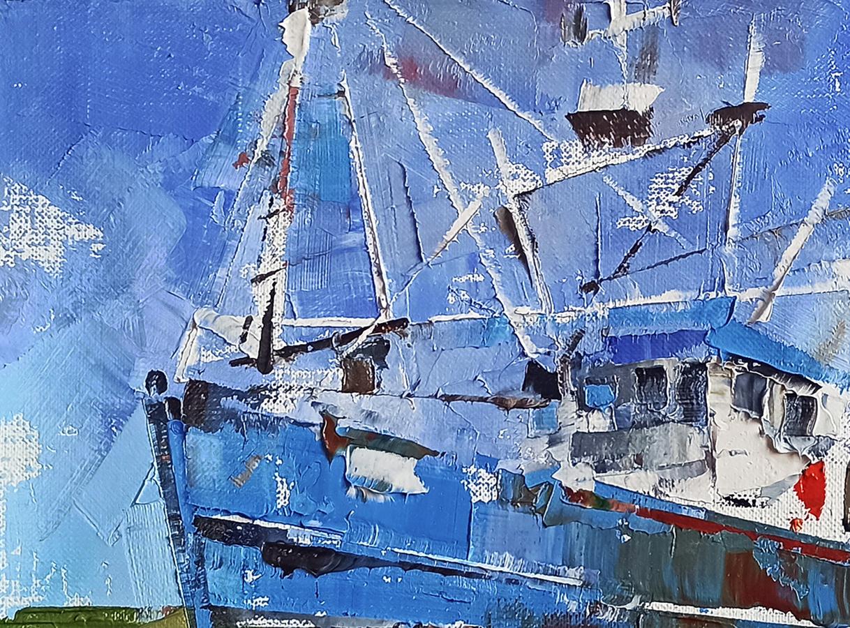 Textured blue and white oil painting of ship at sea by Volodymyr Gluhomanyuk
