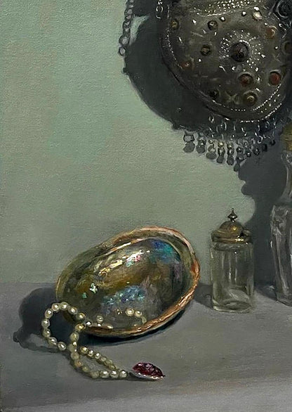 Iridescent abalone shell with metallic rim, pearls and red gem in Annam Butt oil painting