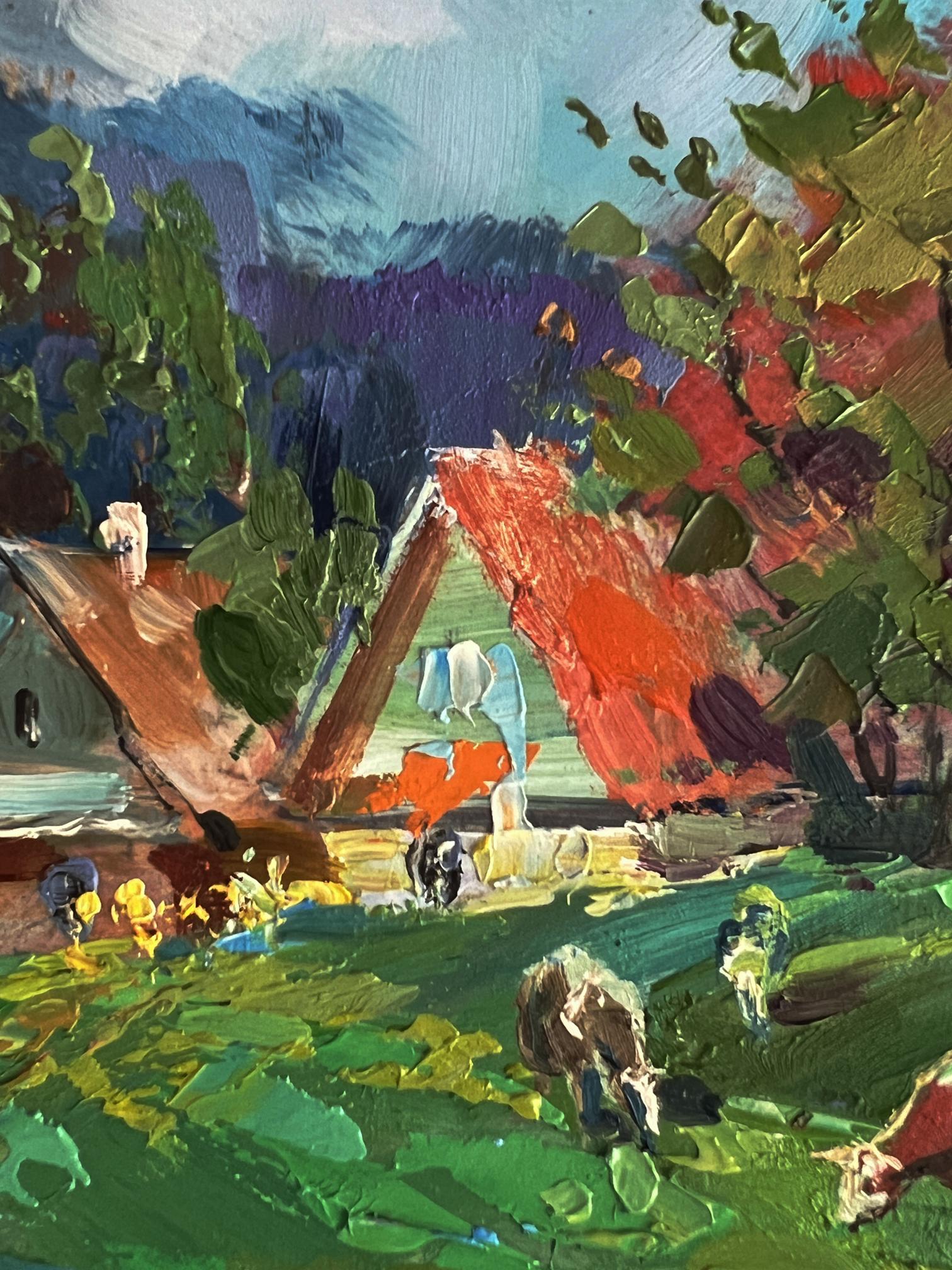 Vibrant impressionist oil painting by Yuriy Suprunchuk of cows grazing in village