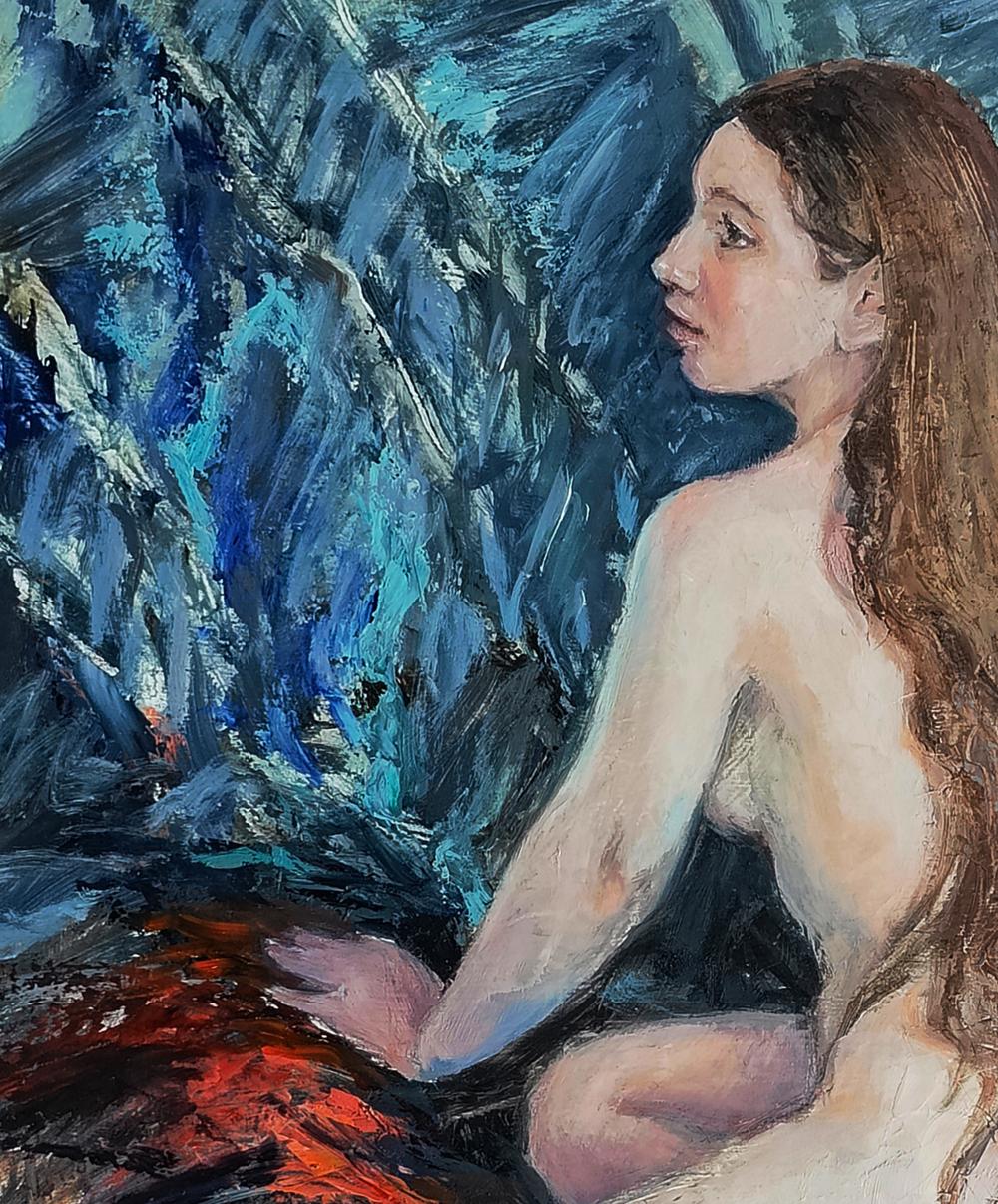 Oil painting portrait of girl on towel by Oksana Osnach, profile view