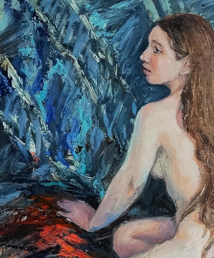 Oil painting portrait of girl on towel by Oksana Osnach, profile view
