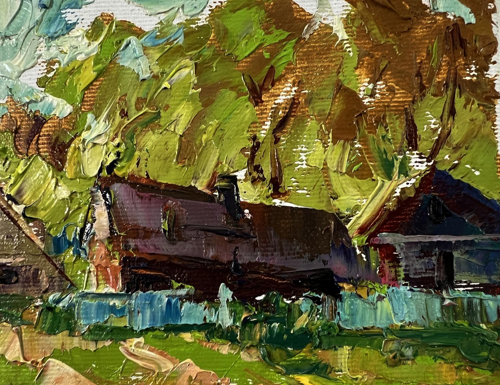 Impasto oil painting Behind the Yard by Oleksiy Ivanyuk: rustic houses in foliage