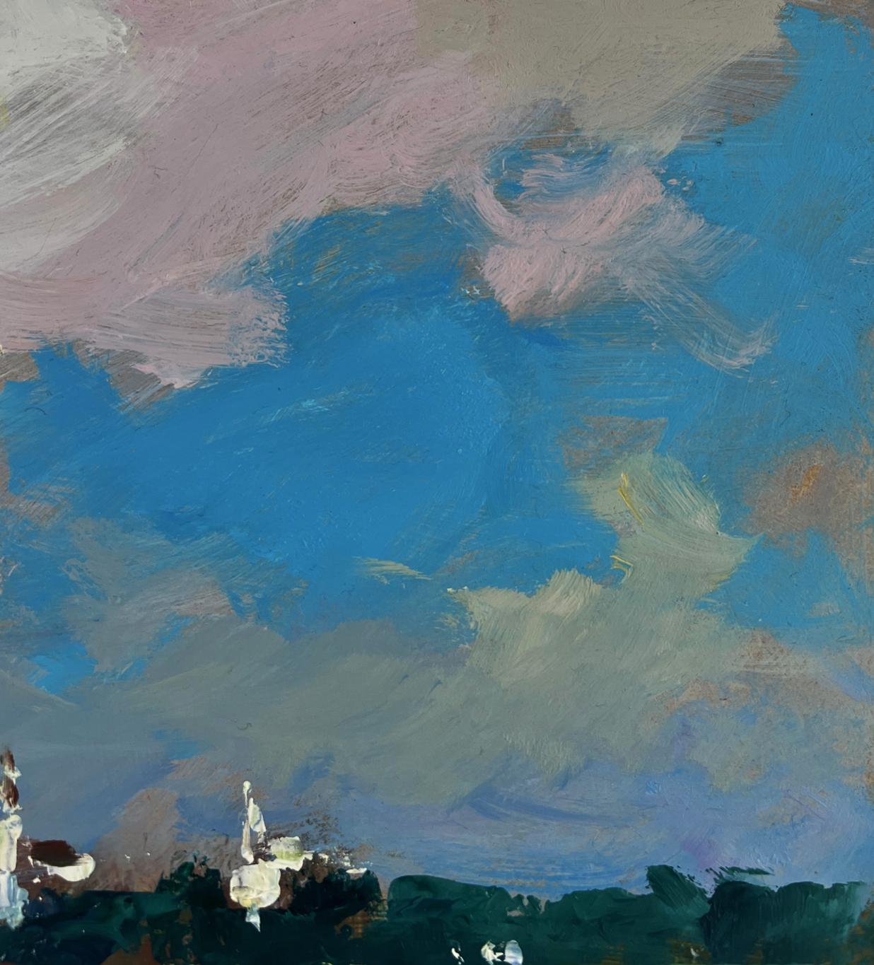 Oil painting Horses by the river by Yuriy Suprunchuk, vibrant abstract sky