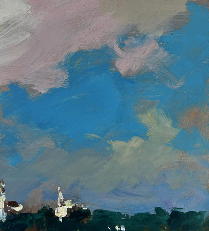 Oil painting Horses by the river by Yuriy Suprunchuk, vibrant abstract sky