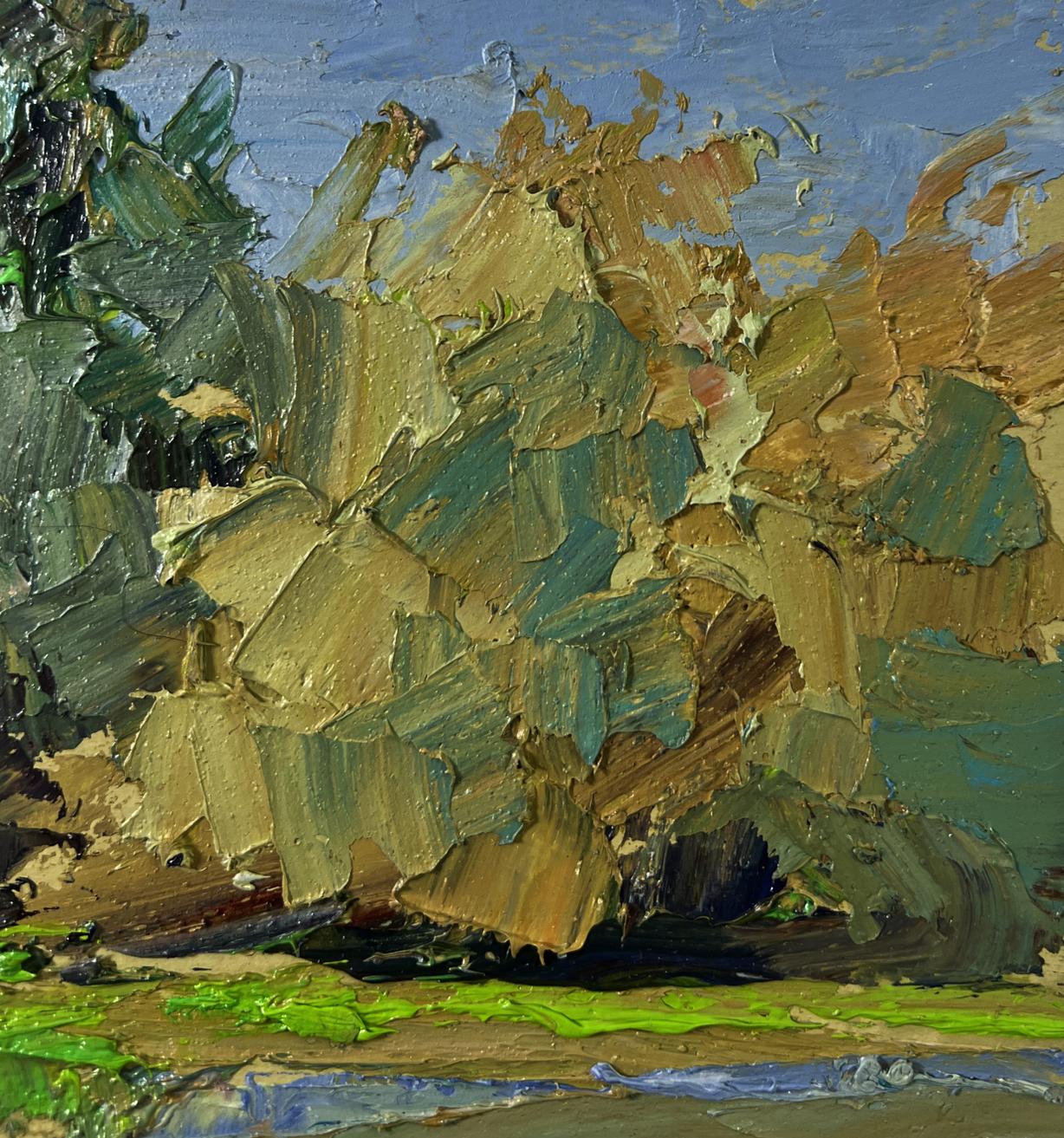 Textured impasto oil painting of trees above river by Boris Serdyuk