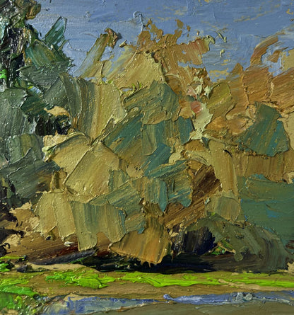 Textured impasto oil painting of trees above river by Boris Serdyuk