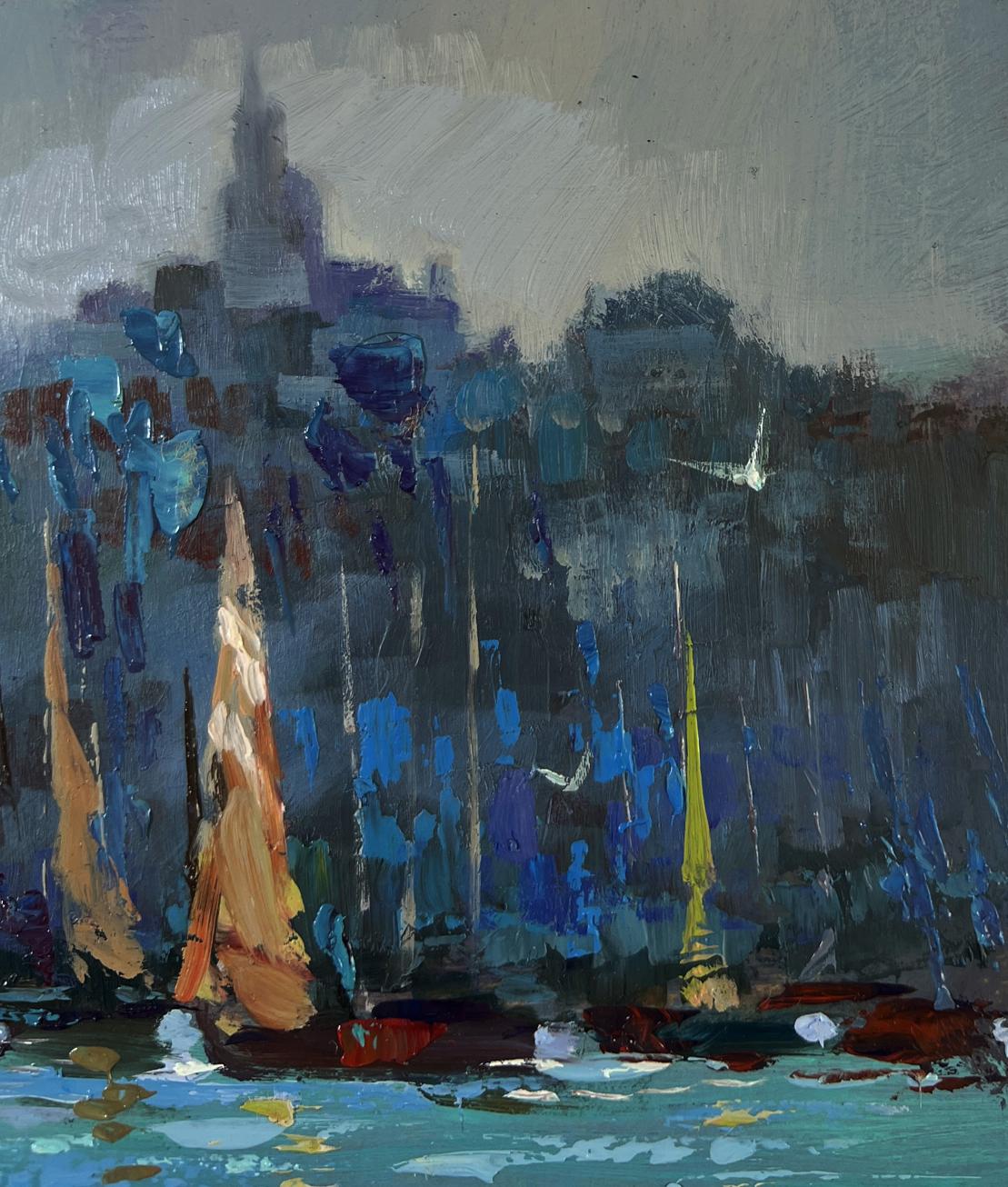 Abstract oil painting of fishermen greeting dawn at sea by Yuriy Suprunchuk