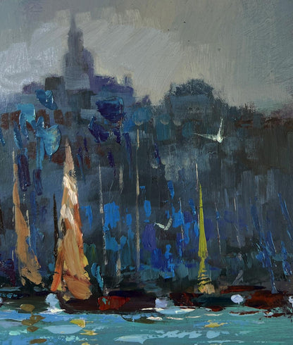 Abstract oil painting of fishermen greeting dawn at sea by Yuriy Suprunchuk