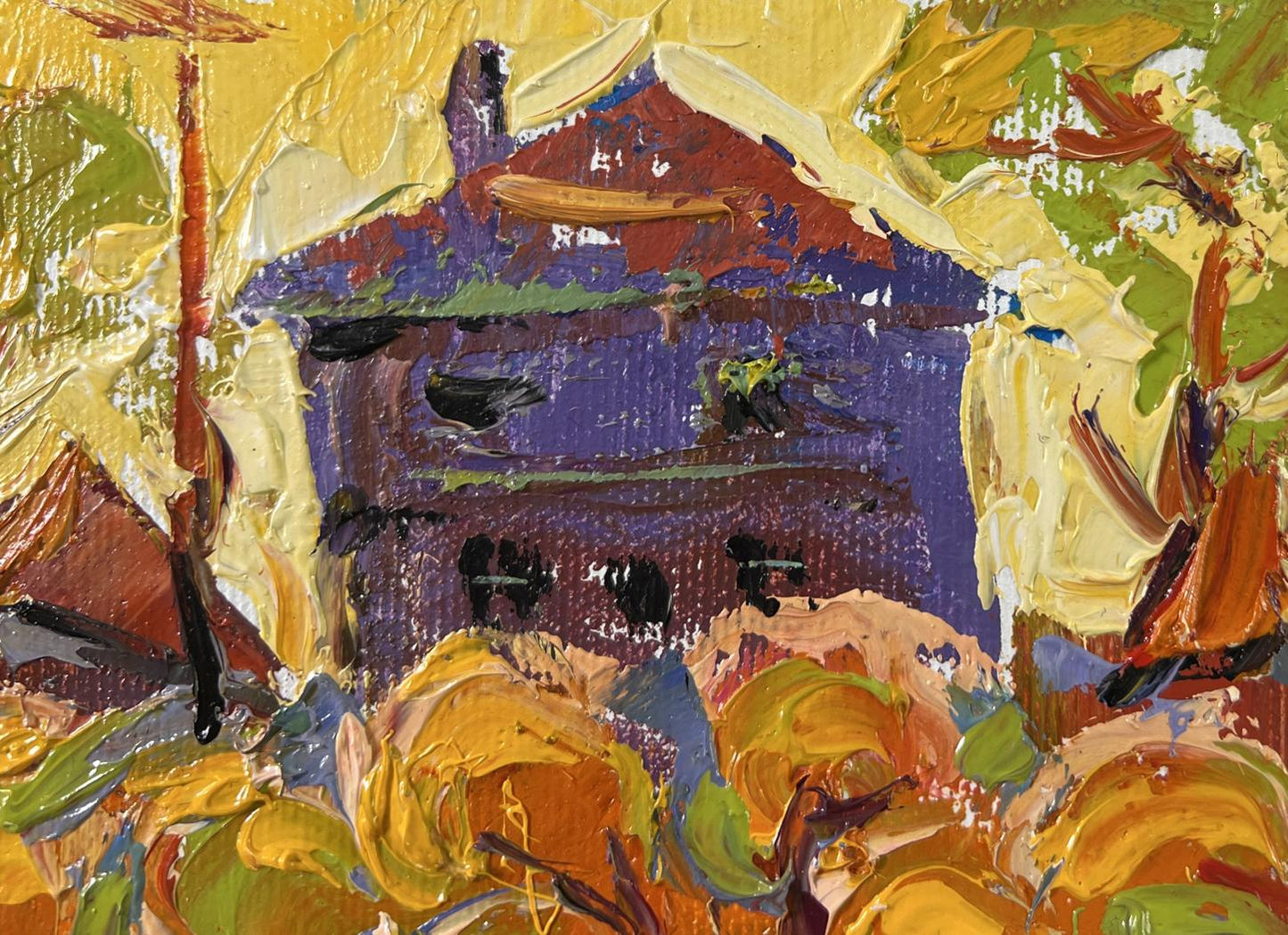 Oil painting Autumn yellow sunset by Oleksiy Ivanyuk purple house foliage