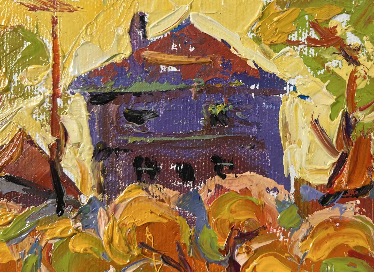 Oil painting Autumn yellow sunset by Oleksiy Ivanyuk purple house foliage
