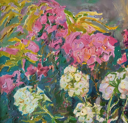 Vibrant pink and white hydrangeas oil painting by Leonid Pavlenko