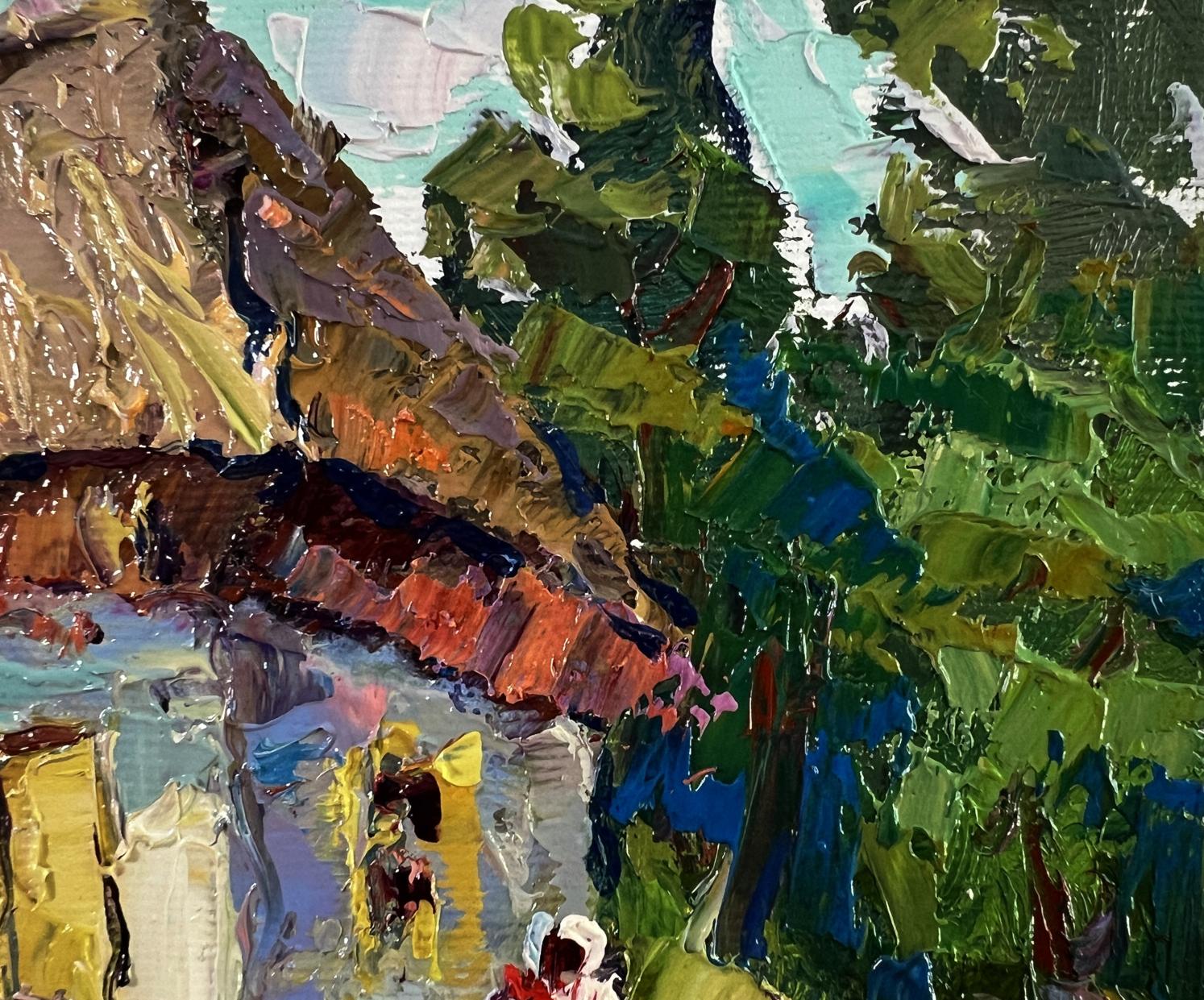 Impasto oil painting of Oksana Ivanyuk flower garden cottage with thatched roof