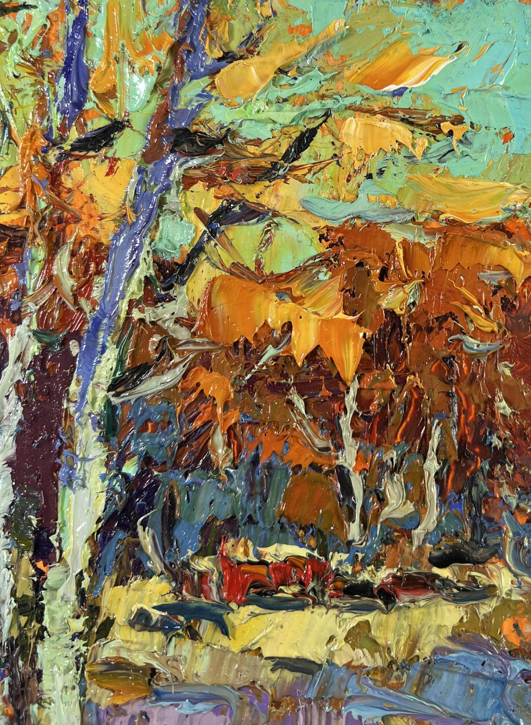 Vibrant impressionist oil painting Young aspens listen to the silence by Oksana Ivanyuk