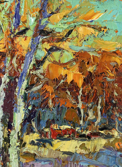 Vibrant impressionist oil painting Young aspens listen to the silence by Oksana Ivanyuk