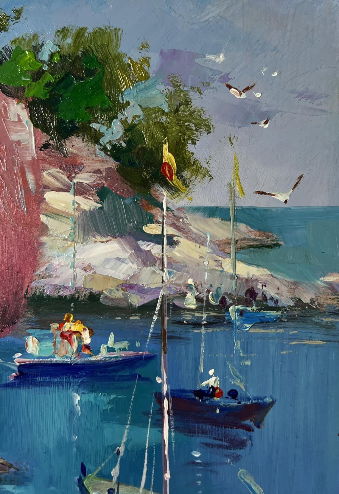 Vibrant impressionist oil painting of boats on rocky shore by Yuriy Suprunchuk