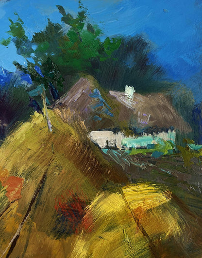Vibrant impressionistic oil painting of rustic thatched cottage by Yuriy Suprunchuk