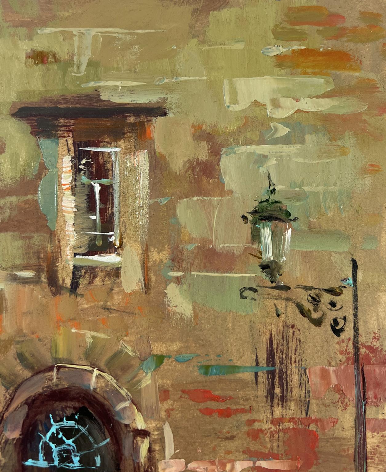 Vintage street lamp oil painting by Yuriy Suprunchuk evening pier scene