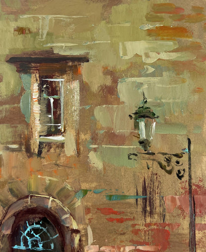 Vintage street lamp oil painting by Yuriy Suprunchuk evening pier scene