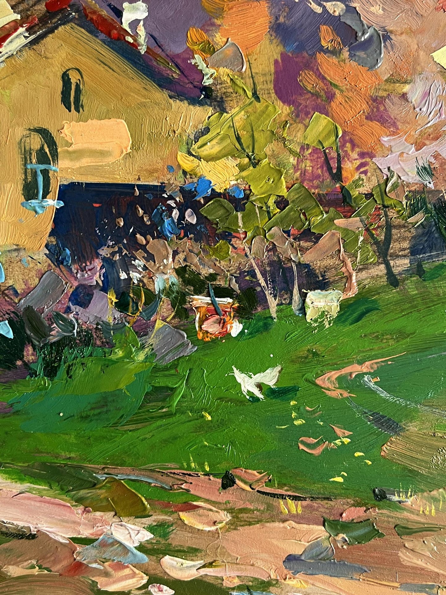 Vibrant oil painting of yellow country house with blue windows by Yuriy Suprunchuk